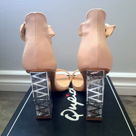 Qupid | lt champagne satin ~ clear chunk high heel with ankle buckle - Picture 6 of 9